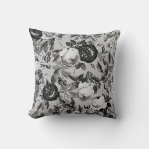 Elegant Vintage Black White Roses on Light Grey Cushion