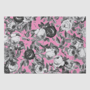 Elegant Vintage Black White Roses on Pink Tissue Paper