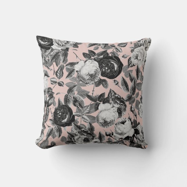 Elegant Vintage Black White Roses Soft Pink Cushion (Front)