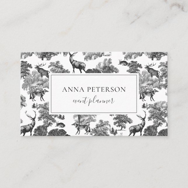 Elegant Vintage Black White Toile Deer  Business Card (Front)