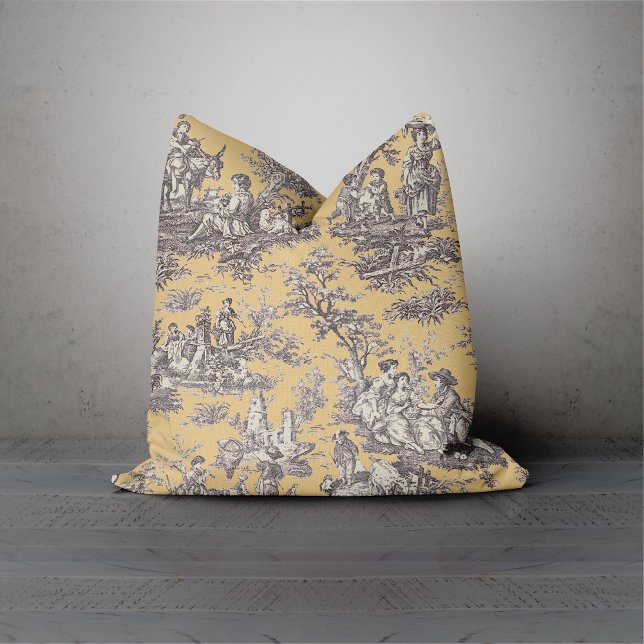 Elegant vintage black yellow toile de jouy cushion (Creator Uploaded)