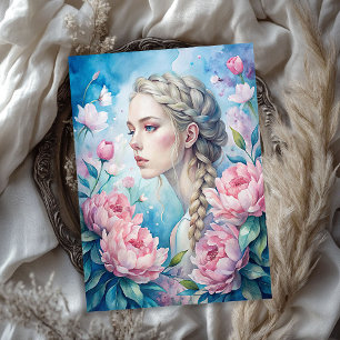 Elegant vintage blonde woman shabby pink peonies tissue paper