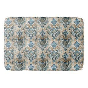 Elegant Vintage Blue and Beige Vintage Design Bath Mat