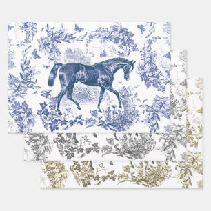 Elegant Vintage Blue Beige Grey Horse Floral Toile Wrapping Paper Sheet