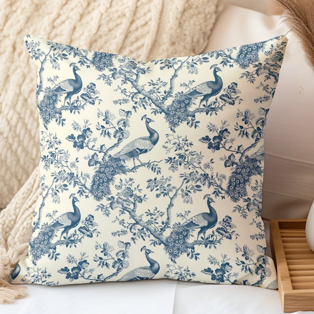 Elegant Vintage Blue Chinoiserie Peacock Cushion (Elegant Vintage Blue Chinoiserie Peacock Throw Pillow in a neutral boho bedroom.)