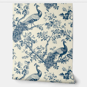 Elegant Vintage Blue Chinoiserie Peacock Wallpaper