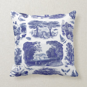 Elegant Vintage Blue Country Pastoral Toile Cushion