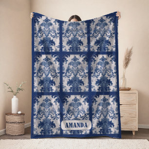 Elegant vintage Blue damask repeat pattern Fleece Blanket