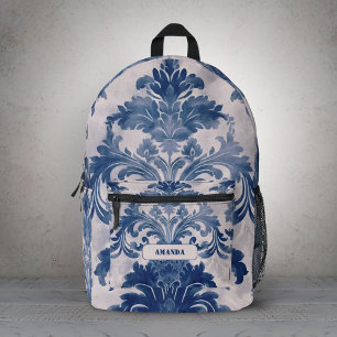 Elegant Vintage Blue Damask Toile Monogram Design Printed Backpack
