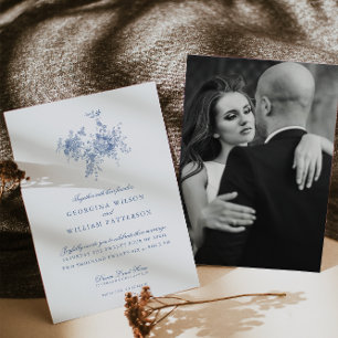 Elegant Vintage Blue Floral Jouy Wedding Invitation