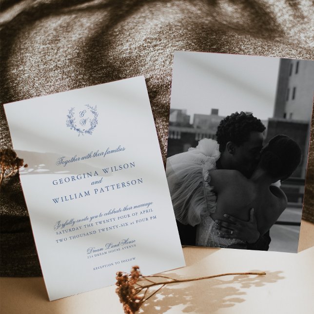 Elegant Vintage Blue Floral Jouy Wedding Invitation (Creator Uploaded)