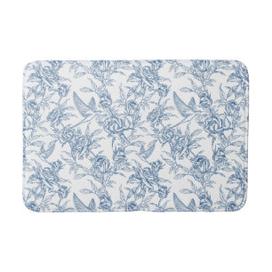 Elegant Vintage Blue Floral Toile de Jouy French Bath Mat