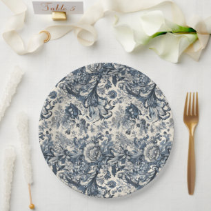 Elegant Vintage Blue Floral Toile Fleurie  Paper Plate