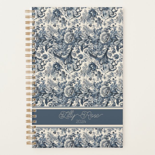 Elegant Vintage Blue Floral Toile Fleurie  Planner (Front)