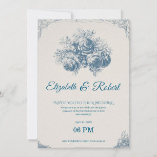 Elegant Vintage Blue Floral Wedding Invitation
