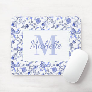 Elegant Vintage Blue Floral White Monogram Name Mouse Pad