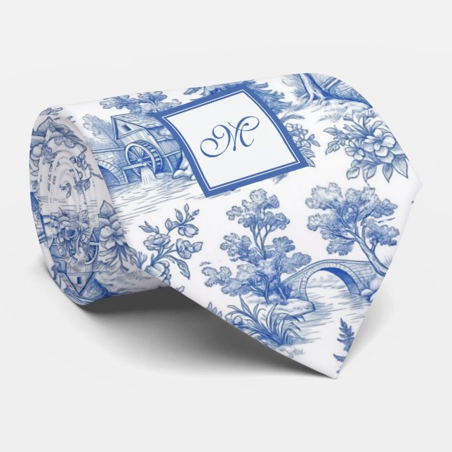 Elegant Vintage Blue French Toile Monogram Pattern Tie (Rolled)