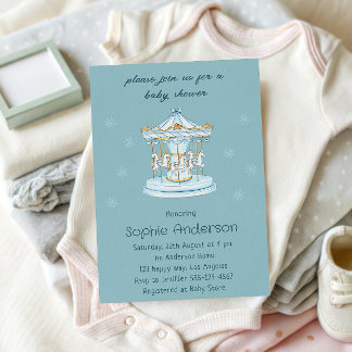 Elegant Vintage Blue & Gold Carousel Baby Shower Invitation