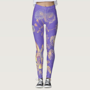 Elegant Vintage Blue Gold Floral Illustration Leggings