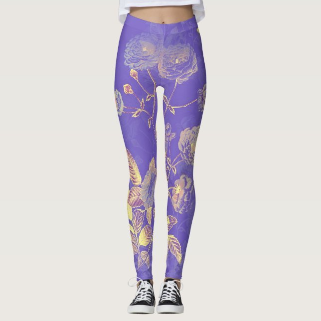 Elegant Vintage Blue Gold Floral Illustration Leggings (Front)