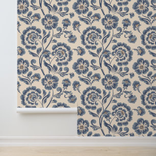 Elegant Vintage Blue Gold Floral Pattern Wallpaper