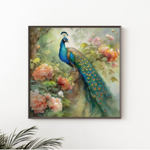Elegant Vintage Blue Green Peacock Pink Flowers Poster