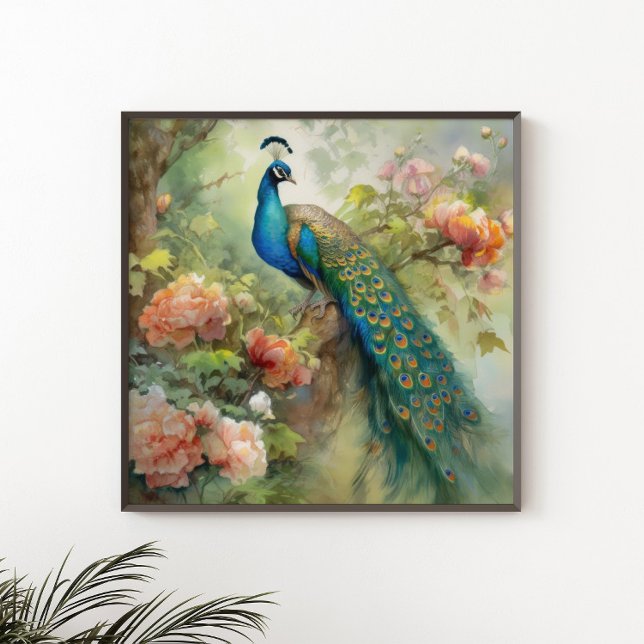 Elegant Vintage Blue Green Peacock Pink Flowers  Poster (Creator Uploaded)
