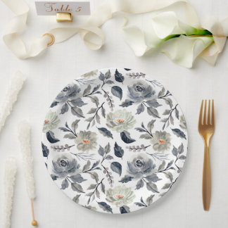 Elegant Vintage Blue Grey Watercolor Floral Botani Paper Plate