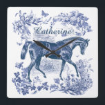 Elegant Vintage Blue Horse Country Toile Name Square Wall Clock<br><div class="desc">Classy vintage illustration with a dark stallion and floral details in cottagecore aesthetics, English cottage style, English country decor, French cottage country style, farmhouse charm, vintage ranch or farmhouse decor. The horse is a majestic animal that embodies the spiritual power of independence, freedom, nobleness, endurance, confidence, triumph, heroism and competition....</div>
