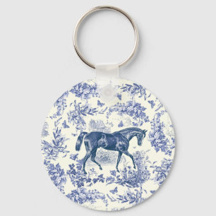 Elegant Vintage Blue Horse Floral Toile Monogram Key Ring
