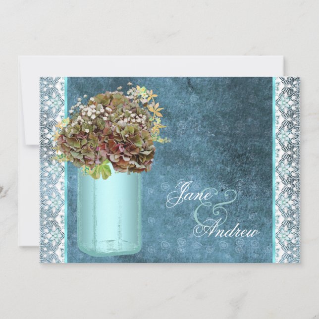 Elegant Vintage Blue Hydrangea Mason Jar Wedding Invitation (Front)