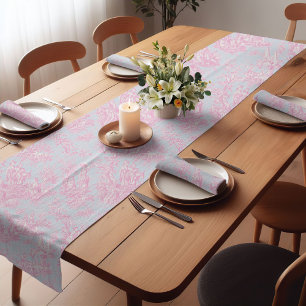 Elegant vintage blue pink toile de jouy printed short table runner