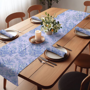 Elegant vintage blue purple toile de jouy printed short table runner