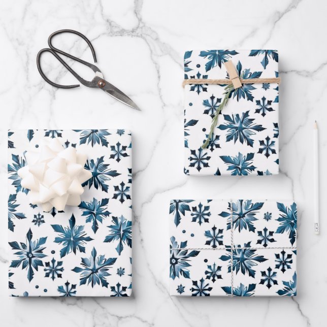 Elegant Vintage Blue Snowflake Christmas Wrapping Paper Sheet (Front)
