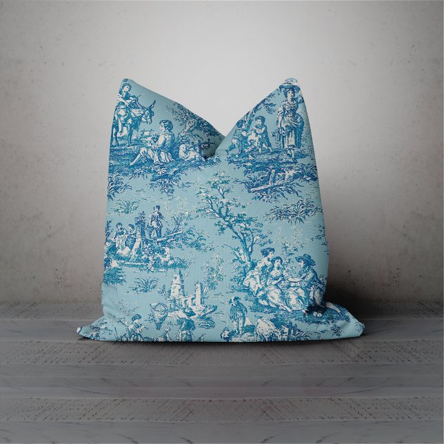 Elegant vintage blue teal toile de jouy cushion (Creator Uploaded)