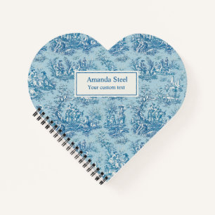 Elegant vintage blue teal toile de jouy heart notebook