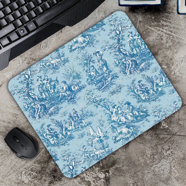 Elegant vintage blue teal toile de jouy  mouse pad (Creator Uploaded)