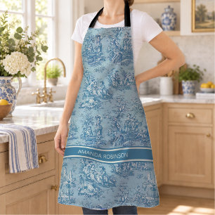 Elegant vintage blue teal toile de jouy printed apron