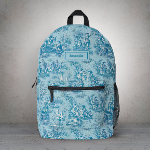 Elegant vintage blue teal toile de jouy printed backpack