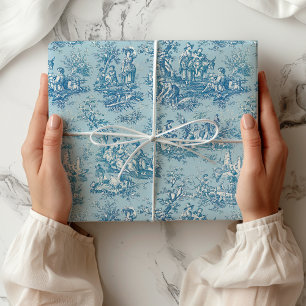 Elegant vintage blue teal toile de jouy wrapping paper