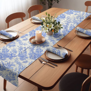 Elegant vintage blue toile d jouy printed short table runner