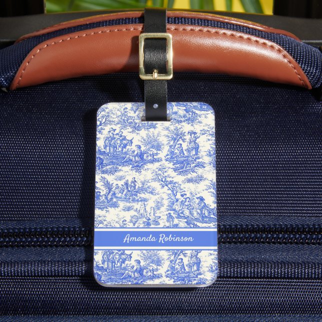 Elegant vintage blue toile de jouy luggage tag (Front Insitu 2)