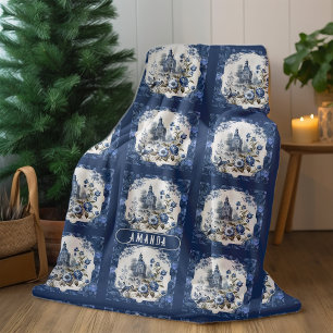 Elegant vintage Blue toile de jouy monogram Fleece Blanket