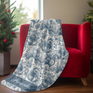 Elegant vintage Blue toile de jouy monogram Fleece Blanket