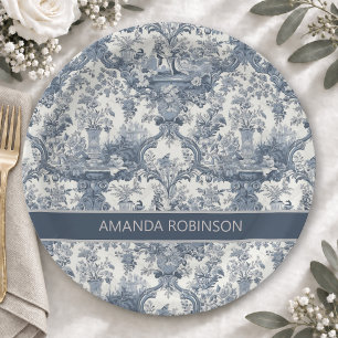 Elegant Vintage Blue Toile de Jouy Monogram Paper Plate