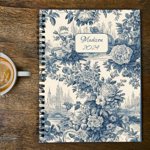 Elegant vintage Blue toile de jouy monogram Planner