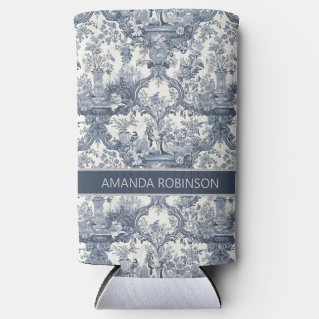 Elegant vintage Blue toile de jouy monogram Seltzer Can Cooler (Front)