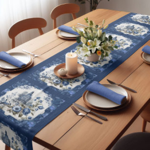 Elegant vintage Blue toile de jouy monogram Short Table Runner