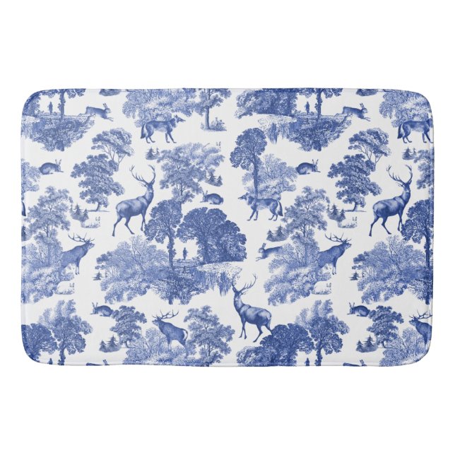 Elegant Vintage Blue Toile Deer Pattern Bath Mat (Front)