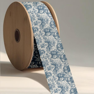 Elegant Vintage Blue Toile Floral Grosgrain Ribbon